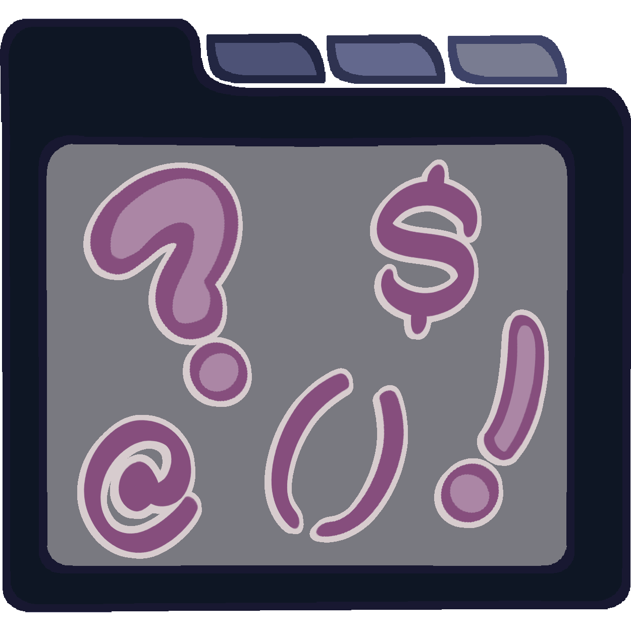  A icon of a dark blue file folder with three tabs at the top and a grey panel in the center. On the panel are several large magenta punctuation symbols including a question mark, dollar sign, exclamation point, ampersat, and parentheses.  